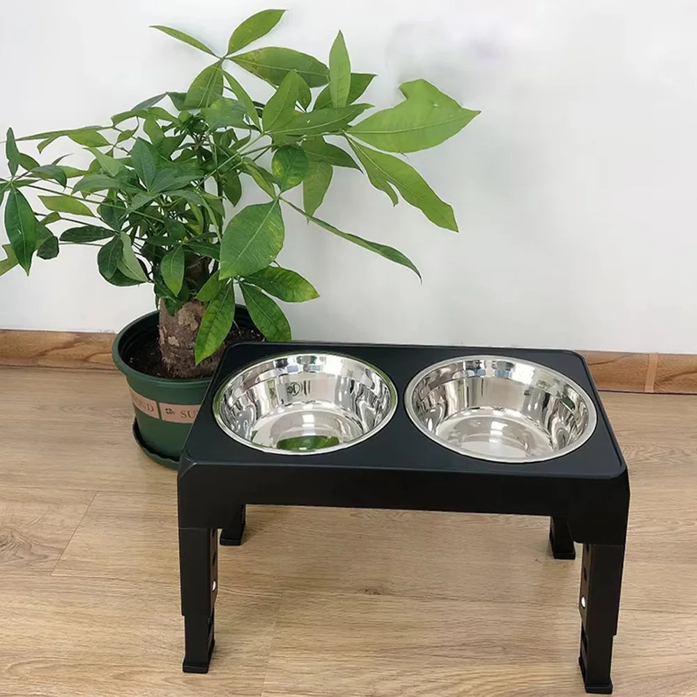 Elevated Dog Feeder With Adjustable Raised Stand Includes Double Stainless Steel Food Water Bowls