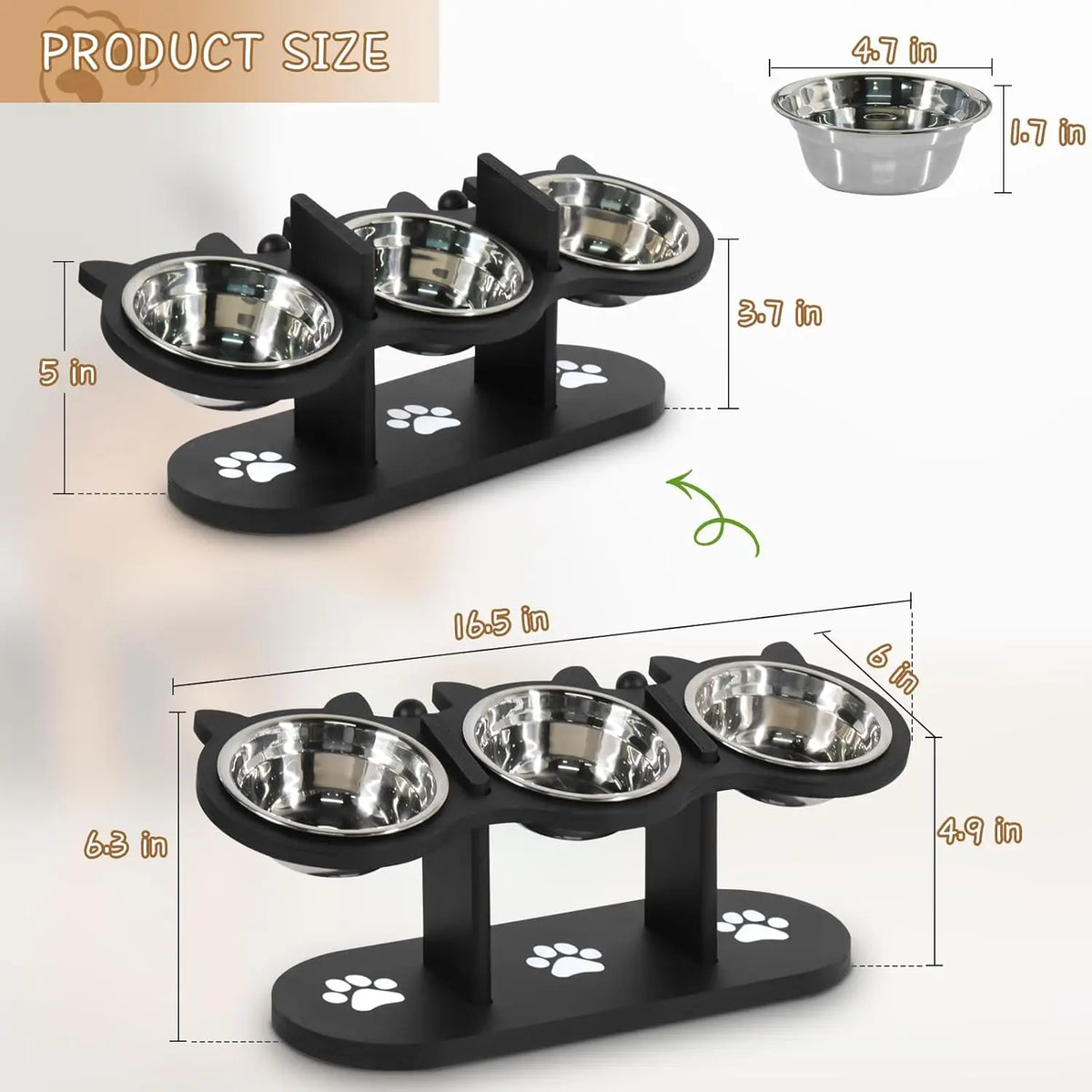 Elevated, Raised Cat Food Bowls For Indoor Cats, Adjustable Heights  With Black Shelf, 3 Stainless Steel Elevated Cat Bowls With 15°Tilted