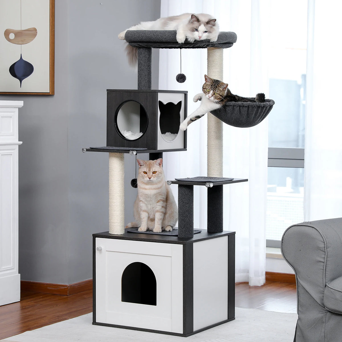 Wood Multi-Level Cat Tree Tower with Scratching Posts
