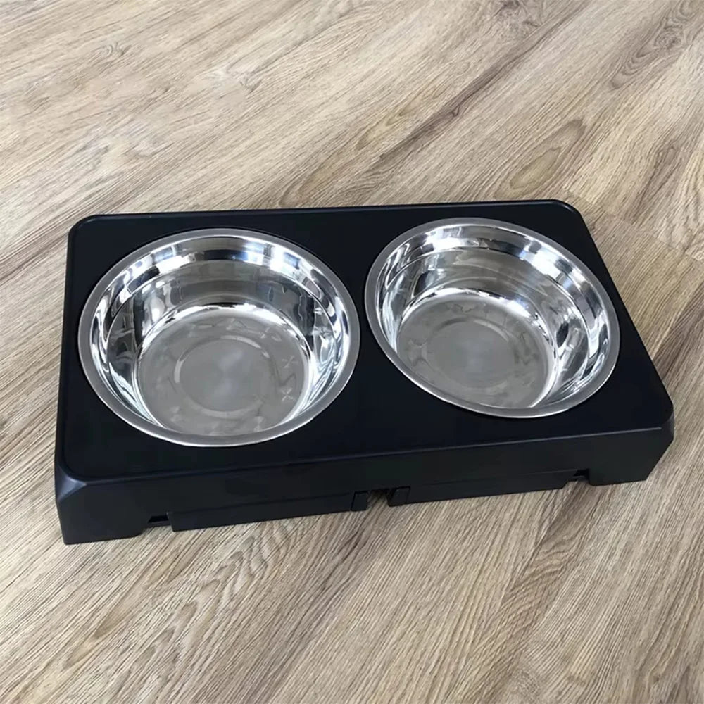 Elevated Dog Feeder With Adjustable Raised Stand Includes Double Stainless Steel Food Water Bowls