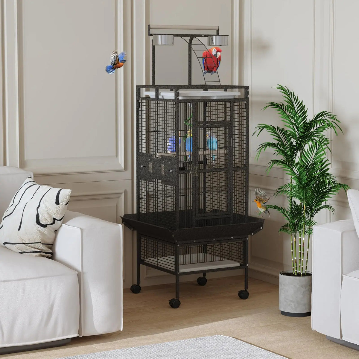 60 In. Wrought Iron Bird Cage with Play Top & Rolling Stand - 4 Stainless Steel Bowls, Secure Lock, Easy-Clean Tray - Spacious Metal Cage