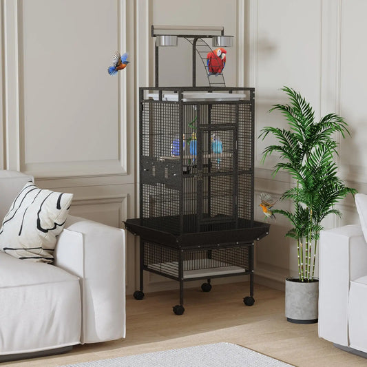 60 In. Wrought Iron Bird Cage with Play Top & Rolling Stand - 4 Stainless Steel Bowls, Secure Lock, Easy-Clean Tray - Spacious Metal Cage