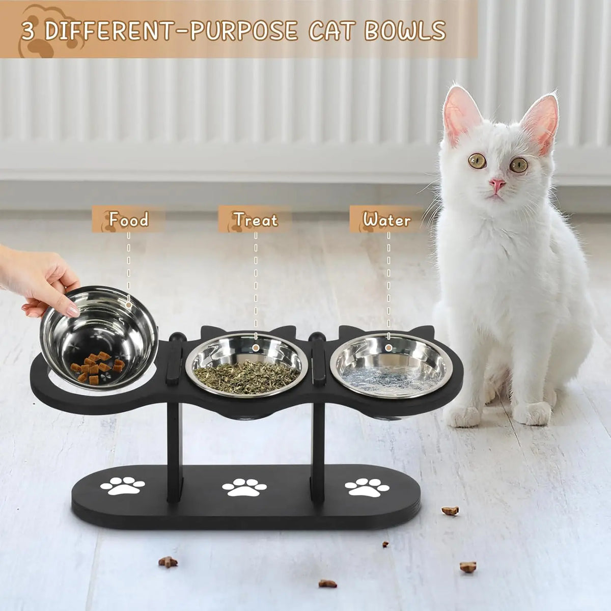 Elevated, Raised Cat Food Bowls For Indoor Cats, Adjustable Heights  With Black Shelf, 3 Stainless Steel Elevated Cat Bowls With 15°Tilted