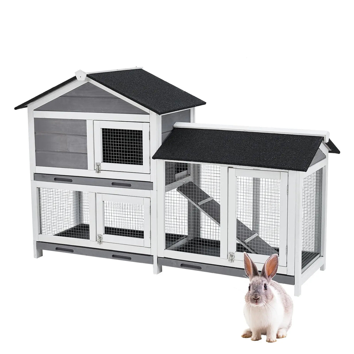 63in Bunny Hutch Indoor, Wooden Rabbit Cage 2-Tier With 3 Removable Trays, Waterproof Roof - Outdoor Coop