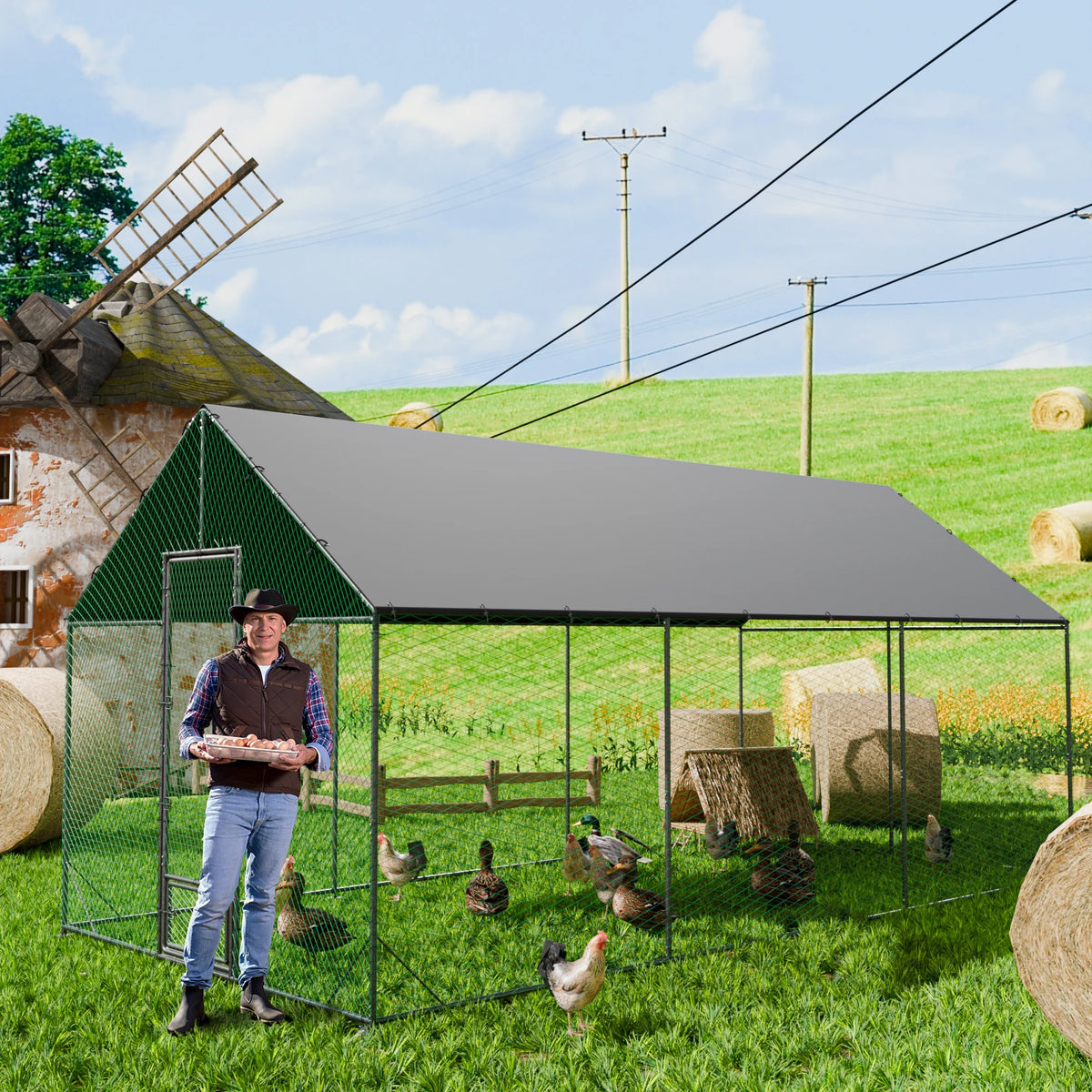 Large Outdoor Upgrade Metal Chicken Coop Walk-in Cage  with Nylon Netting and Cover for Yards
