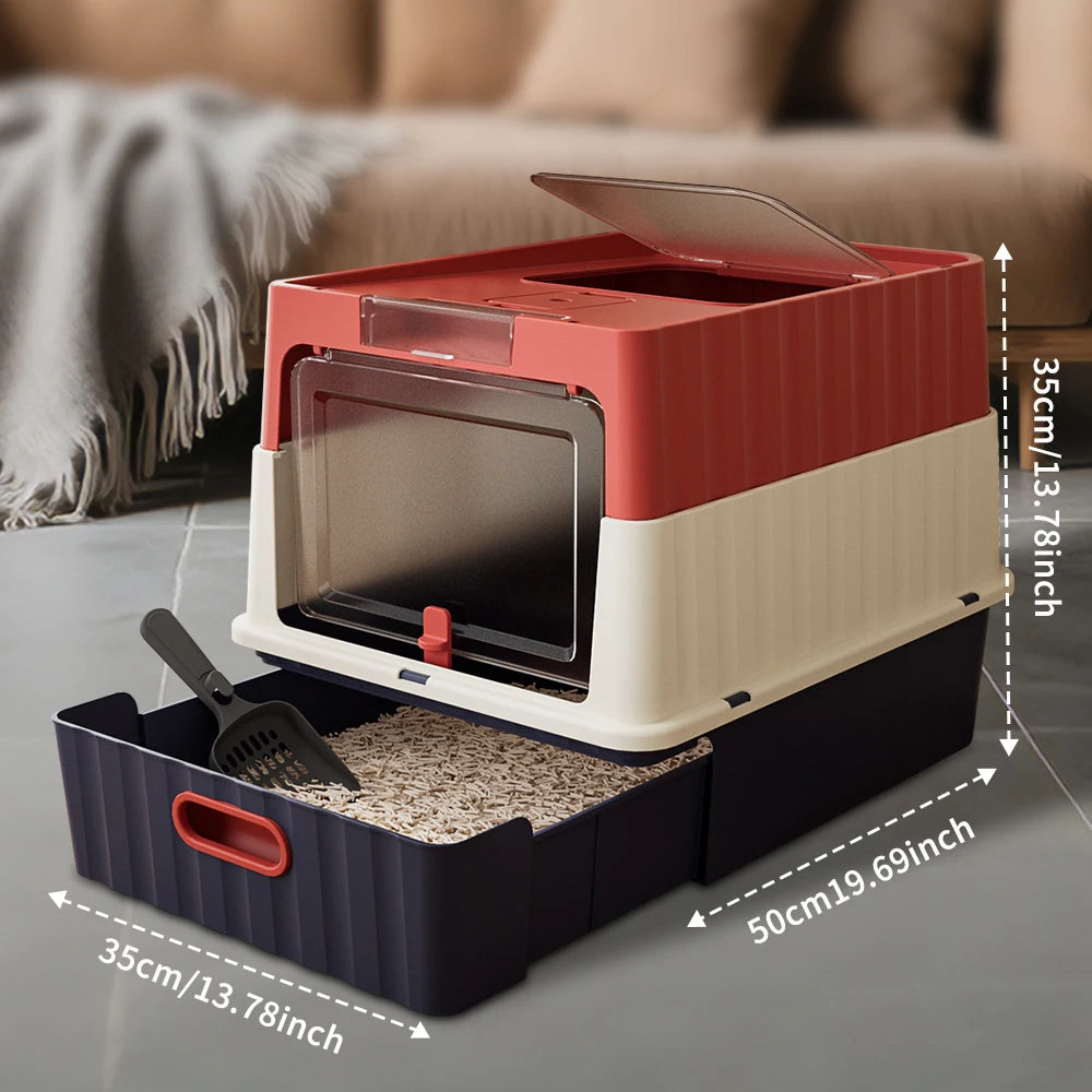Large Cat Litter Box With Pull-Out Drawer, Fully Covered For Privacy & Odor Control, Front Entry & Top Exit, Leak-Resistant And Easy-Clean Tray