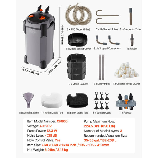 Canister Filter, 3-Stage External Aquarium Filter with Powerful Pump, Quiet Water Circulation Cleaning Machine for Fish Tanks and Aquariums Up to 55 Gallons, for Freshwater