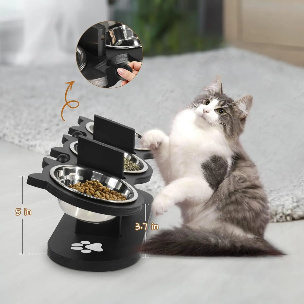 Elevated, Raised Cat Food Bowls For Indoor Cats, Adjustable Heights  With Black Shelf, 3 Stainless Steel Elevated Cat Bowls With 15°Tilted