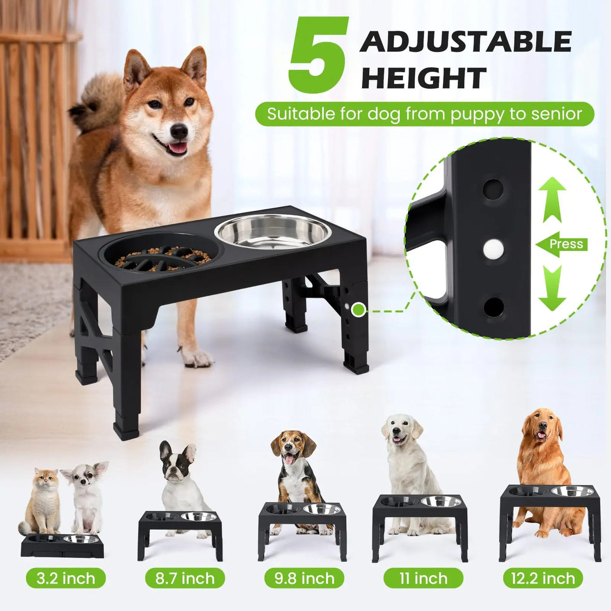 Elevated Dog Feeder With Adjustable Raised Stand Includes Double Stainless Steel Food Water Bowls