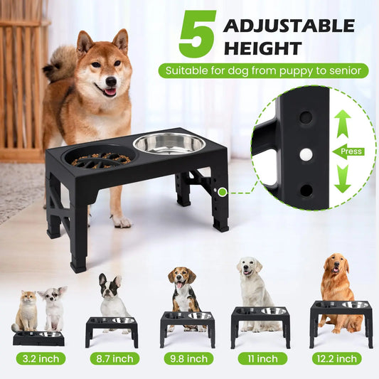 Elevated Dog Feeder With Adjustable Raised Stand Includes Double Stainless Steel Food Water Bowls