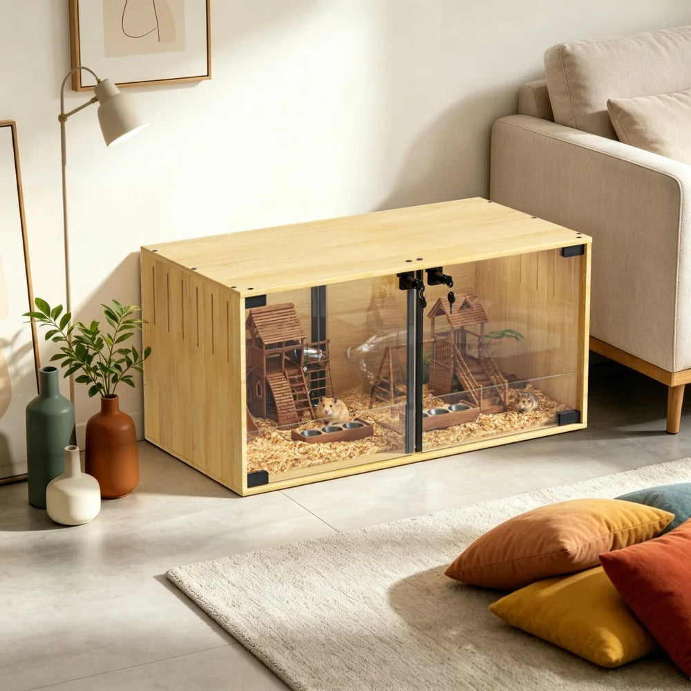 Wooden Small Animal Habitat Cage with Dual Doors Lock Removable Divider Enclosure