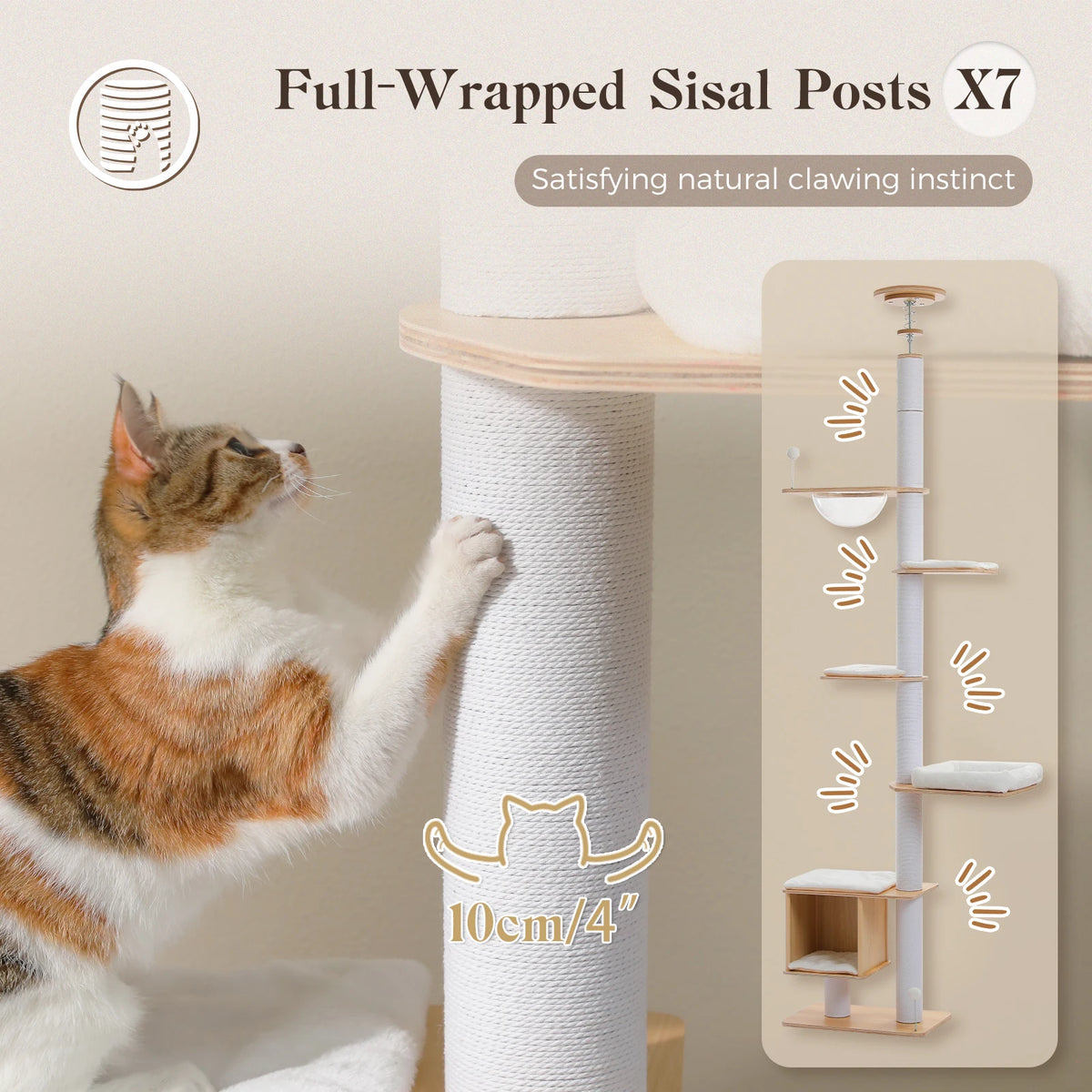 Floor to Ceiling Tree for Indoor Height Adjustable Cat Tower with Sisal Scratching Posts - Washable Mats