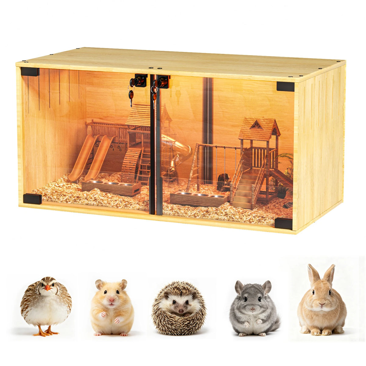 Wooden Small Animal Habitat Cage with Dual Doors Lock Removable Divider Enclosure