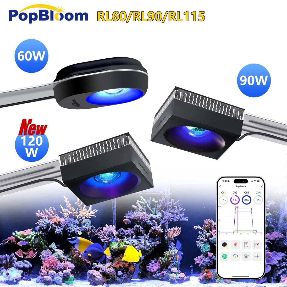Pop-Bloom WiFi Reef LED Light, 60W 90W 120W Full Spectrum Marine Reef LED Aquarium Lighting, Built-in Timer, Sunrise Sunset