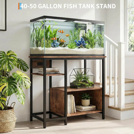 40-50 Gallon Aquarium Stand with Power Outlets – Heavy-Duty Metal & Wood Fish Tank Stand, 4-Tier Open Storage Shelves - 36.6" × 18.9" × 30.7"