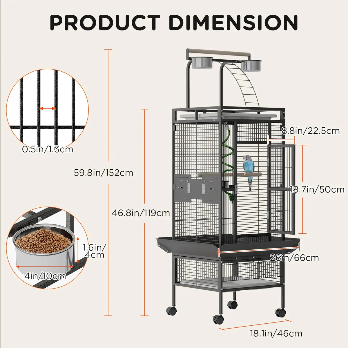 60 In. Wrought Iron Bird Cage with Play Top & Rolling Stand - 4 Stainless Steel Bowls, Secure Lock, Easy-Clean Tray - Spacious Metal Cage